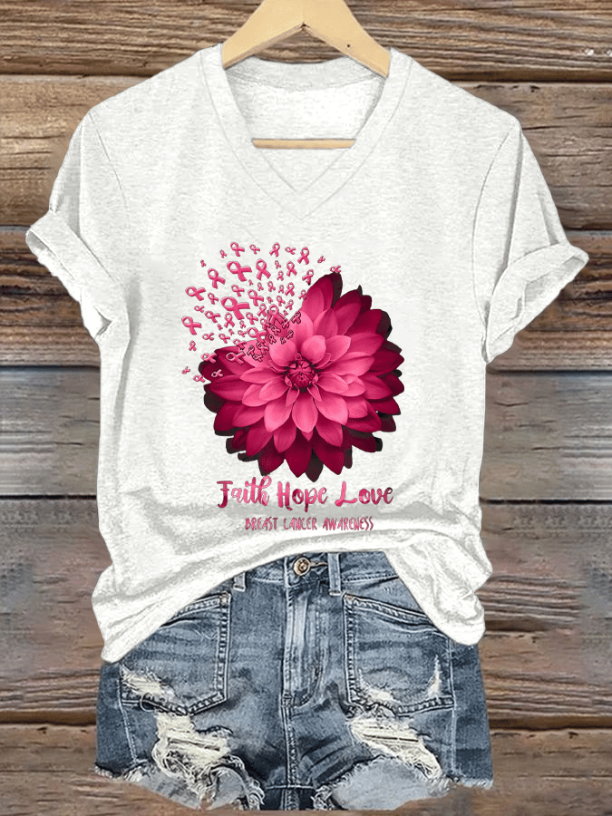 Women's Daisy Faith Pink Ribbon Breast Cancer Awareness Print V Neck Short Sleeve T-Shirt