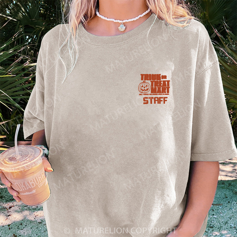Maturelion Women's T-shirt Trick or Treat Mart Staff DTG Washed T-shirt