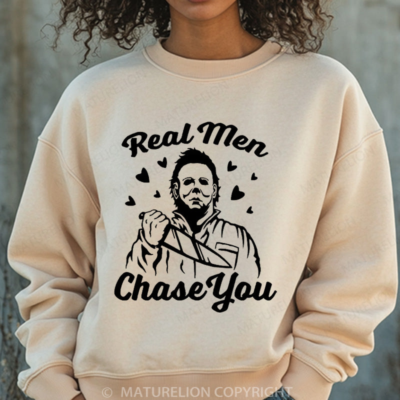 Maturelion Halloween Sweatshirt Real Men Chase You Women Washed Sweatshirt