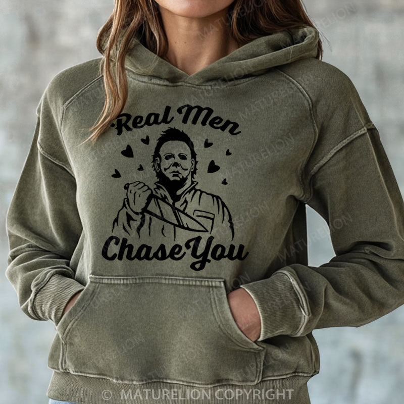Maturelion Halloween Hoodie Real Men Chase You Women Washed Hoodie