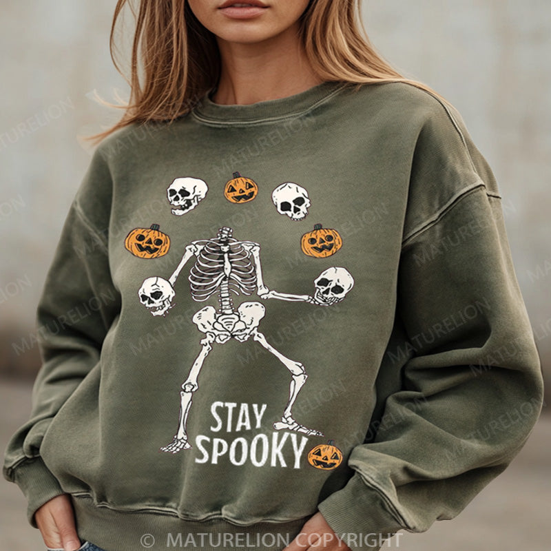 Maturelion Halloween Sweatshirt Stay Spooky Skeleton Women Washed Sweatshirt