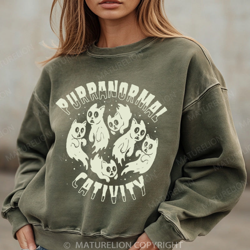 Maturelion Halloween Sweatshirt Cat Ghost Women Washed Sweatshirt
