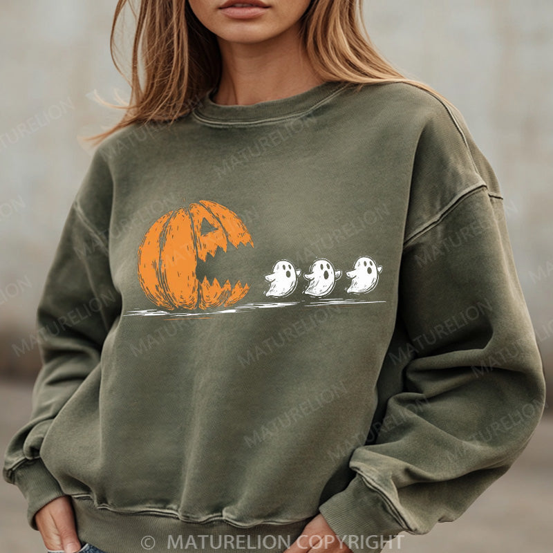 Maturelion Halloween Sweatshirt Pumpkin Eat Ghost Women Washed Sweatshirt