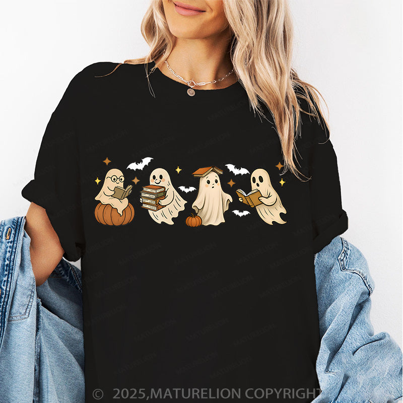 Maturelion Women's T-shirt Vintage Halloween Ghost Reading Books Cotton T-shirt