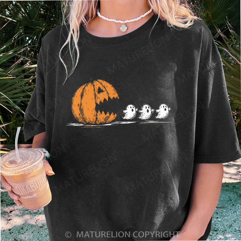 Maturelion Women's T-shirt Pumpkin Eat Ghost DTG Washed T-shirt