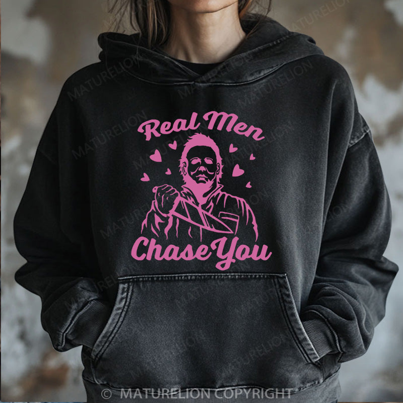 Maturelion Halloween Hoodie Real Men Chase You Women Washed Hoodie