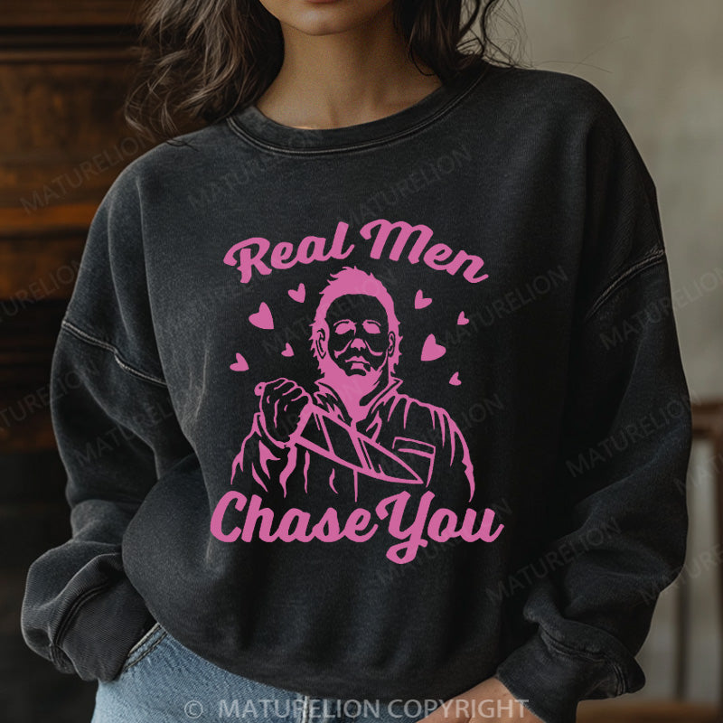 Maturelion Halloween Sweatshirt Real Men Chase You Women Washed Sweatshirt