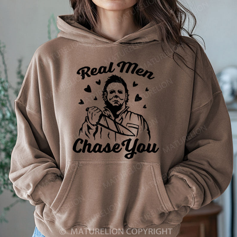 Maturelion Halloween Hoodie Real Men Chase You Women Washed Hoodie