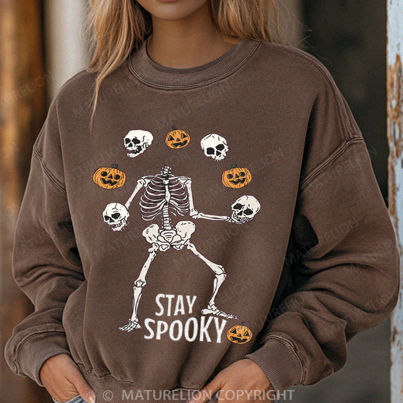 Maturelion Halloween Sweatshirt Stay Spooky Skeleton Women Washed Sweatshirt
