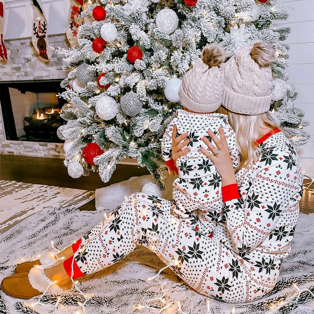 White snowflakes Print Matching Family Christmas Pajamas-Dog Pajamas Included