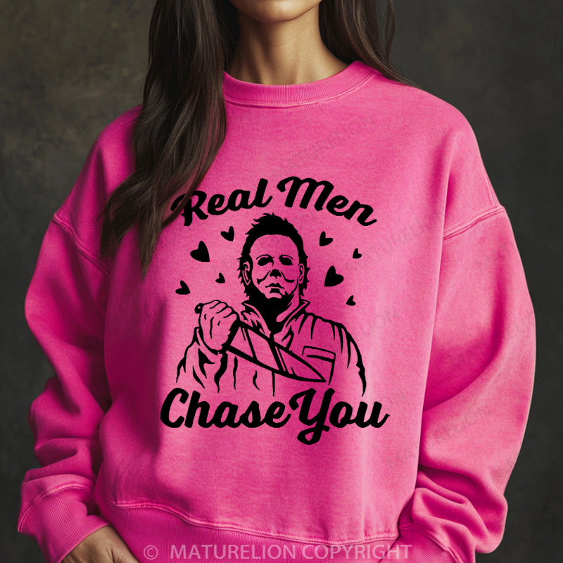 Maturelion Halloween Sweatshirt Real Men Chase You Women Washed Sweatshirt