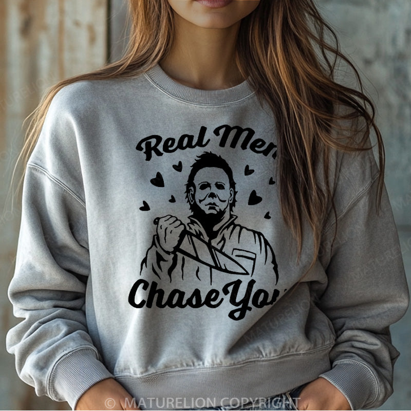 Maturelion Halloween Sweatshirt Real Men Chase You Women Washed Sweatshirt