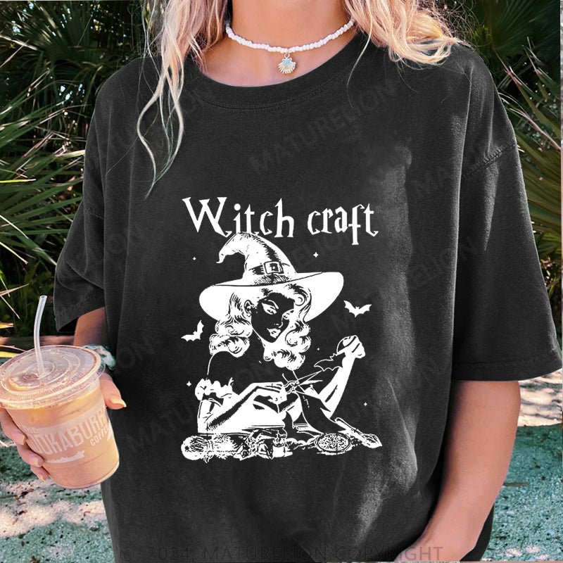Maturelion Halloween Witch Craft DTG Printing Washed Cotton T-Shirt