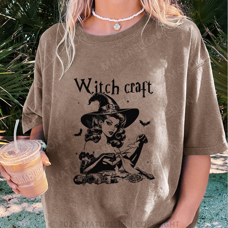 Maturelion Halloween Witch Craft DTG Printing Washed Cotton T-Shirt