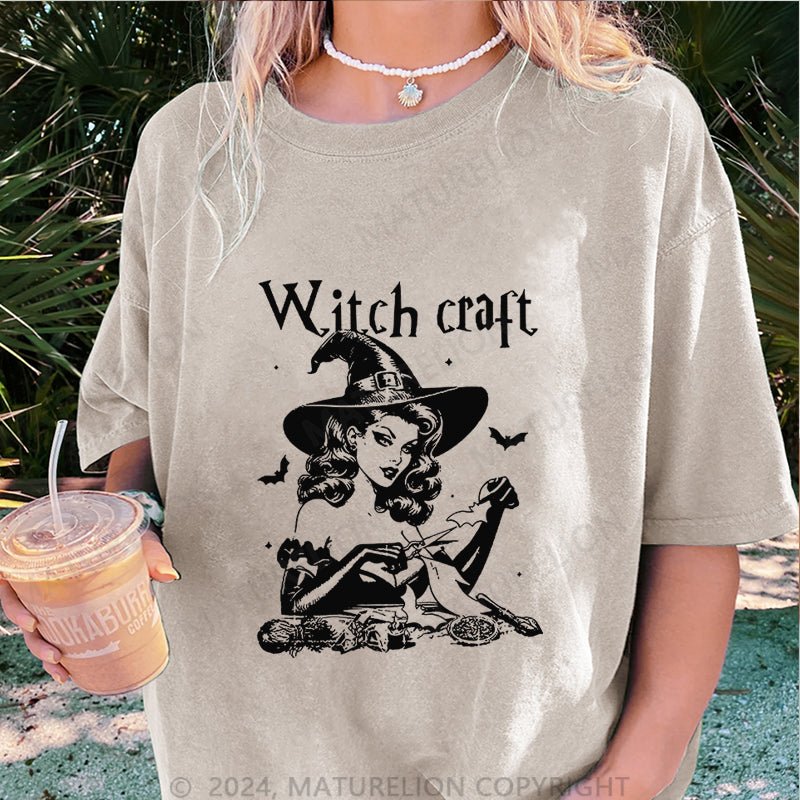 Maturelion Halloween Witch Craft DTG Printing Washed Cotton T-Shirt