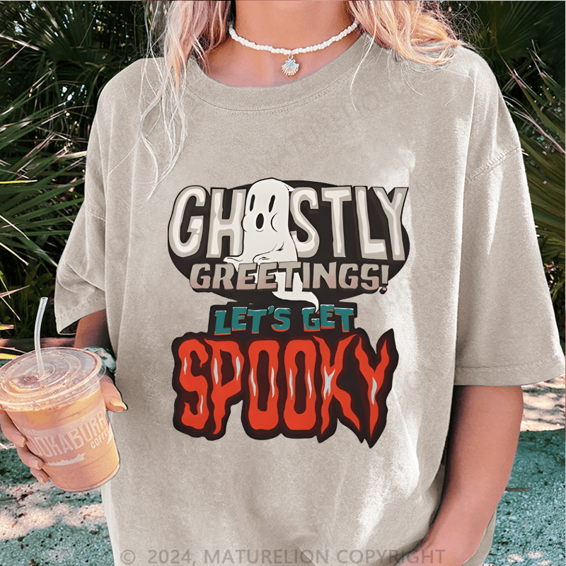 Maturelion Halloween Chosty Greetings! Let's Get Spooky DTG Printing Washed Cotton T-Shirt