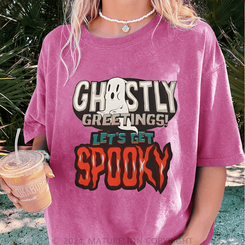 Maturelion Halloween Chosty Greetings! Let's Get Spooky DTG Printing Washed Cotton T-Shirt