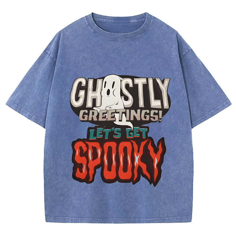 Maturelion Halloween Chosty Greetings! Let's Get Spooky DTG Printing Washed Cotton T-Shirt