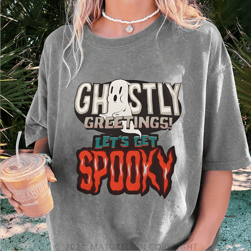 Maturelion Halloween Chosty Greetings! Let's Get Spooky DTG Printing Washed Cotton T-Shirt