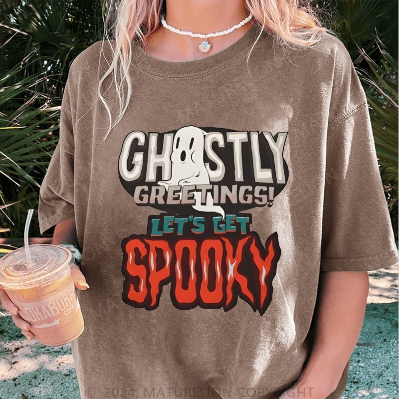 Maturelion Halloween Chosty Greetings! Let's Get Spooky DTG Printing Washed Cotton T-Shirt