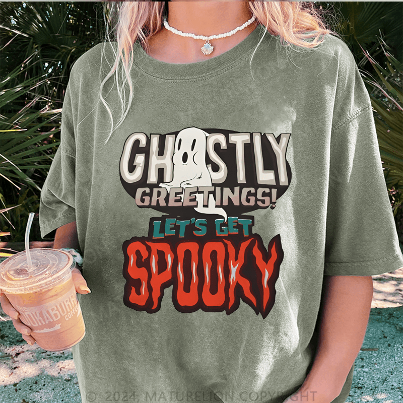 Maturelion Halloween Chosty Greetings! Let's Get Spooky DTG Printing Washed Cotton T-Shirt