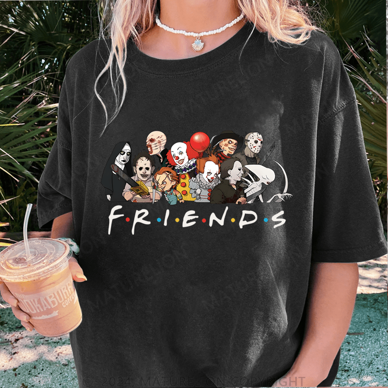 Maturelion Halloween Friends DTG Printing Washed Cotton T-Shirt