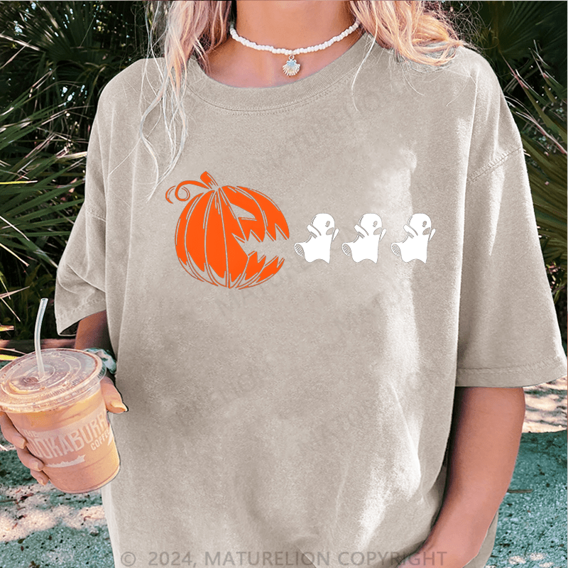 Maturelion Halloween Ghost Pumpkin DTG Printing Washed Cotton T-Shirt
