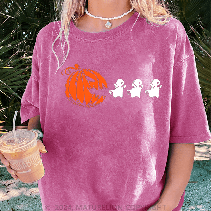 Maturelion Halloween Ghost Pumpkin DTG Printing Washed Cotton T-Shirt