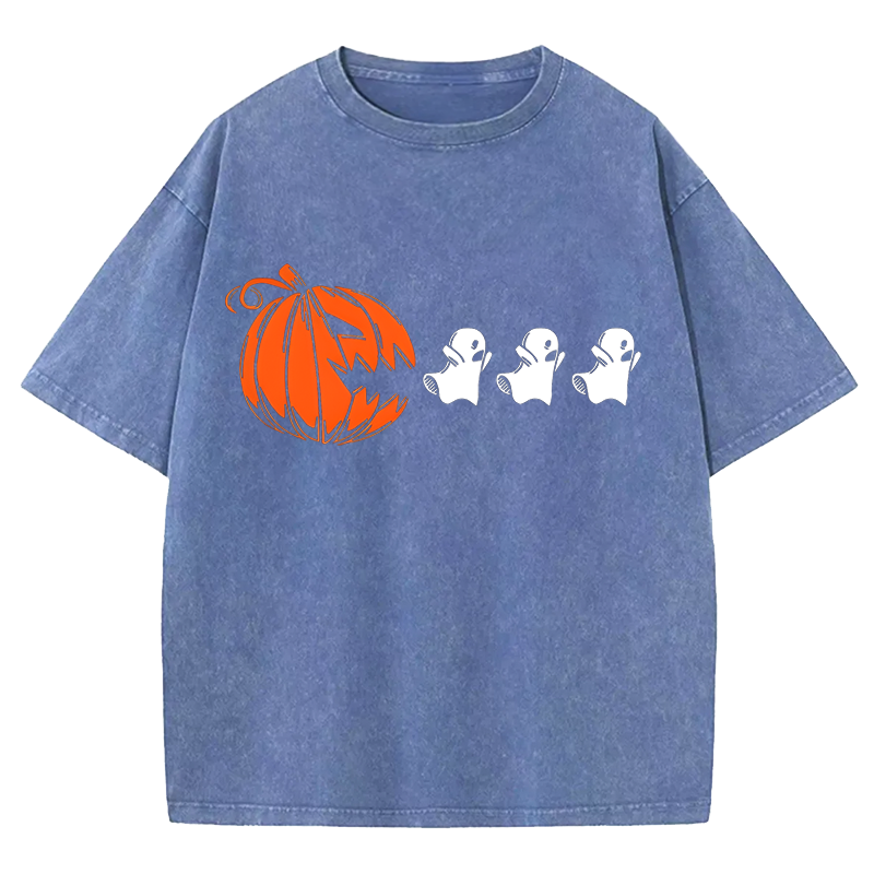 Maturelion Halloween Ghost Pumpkin DTG Printing Washed Cotton T-Shirt