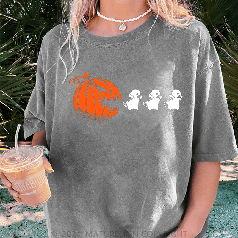 Maturelion Halloween Ghost Pumpkin DTG Printing Washed Cotton T-Shirt