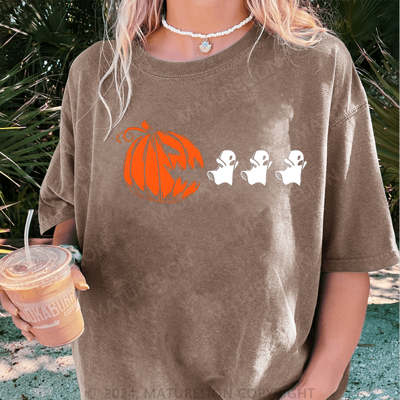 Maturelion Halloween Ghost Pumpkin DTG Printing Washed Cotton T-Shirt