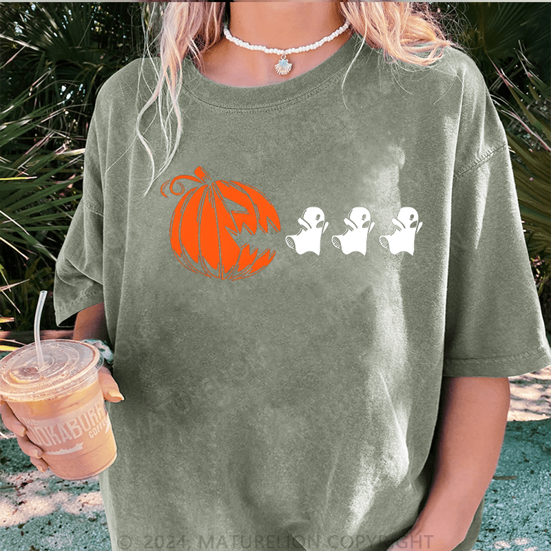 Maturelion Halloween Ghost Pumpkin DTG Printing Washed Cotton T-Shirt