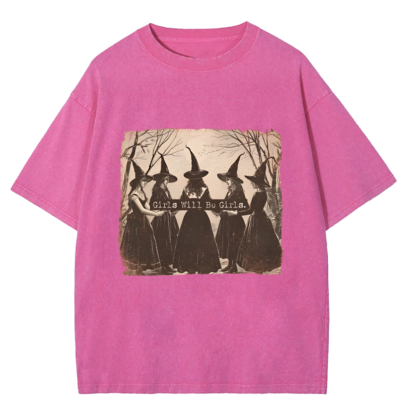 Maturelion Halloween Girls Will Be Girls Witch Funny DTG Printing Washed Cotton T-Shirt