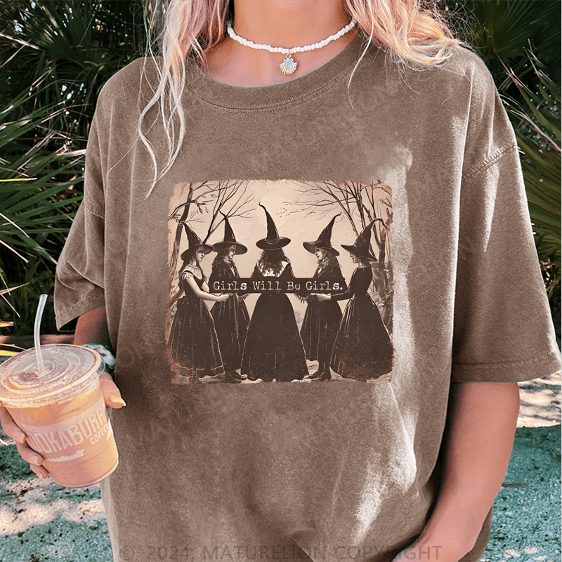 Maturelion Halloween Girls Will Be Girls Witch Funny DTG Printing Washed Cotton T-Shirt