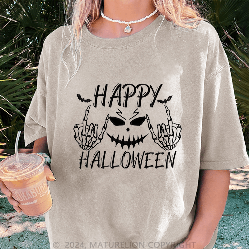 Maturelion Halloween Happy Funny DTG Printing Washed Cotton T-Shirt