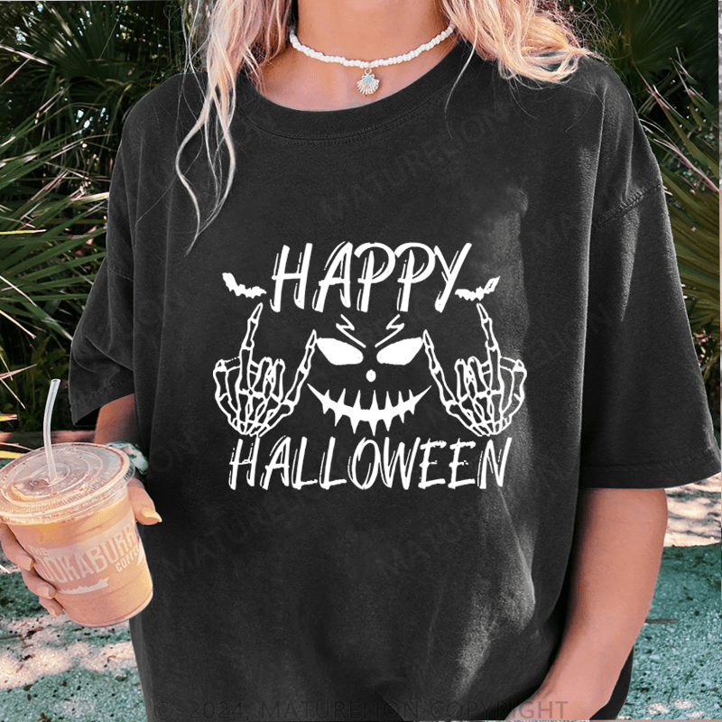 Maturelion Halloween Happy Funny DTG Printing Washed Cotton T-Shirt