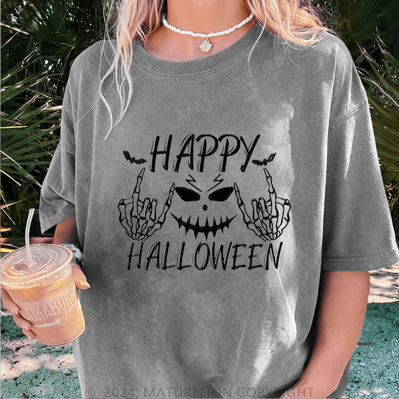 Maturelion Halloween Happy Funny DTG Printing Washed Cotton T-Shirt