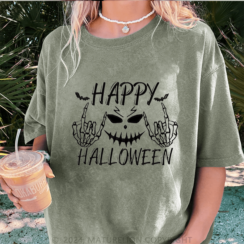 Maturelion Halloween Happy Funny DTG Printing Washed Cotton T-Shirt