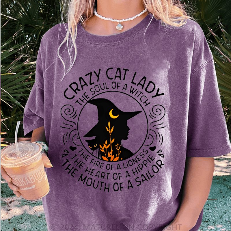 Maturelion Halloween Happy Halloween Lady Witch Casual DTG Printing Washed Cotton T-Shirt