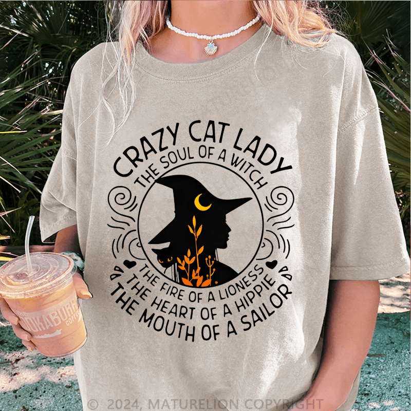 Maturelion Halloween Happy Halloween Lady Witch Casual DTG Printing Washed Cotton T-Shirt