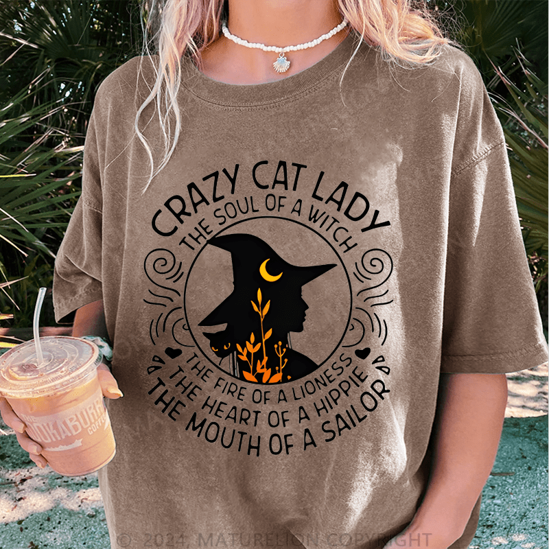 Maturelion Halloween Happy Halloween Lady Witch Casual DTG Printing Washed Cotton T-Shirt