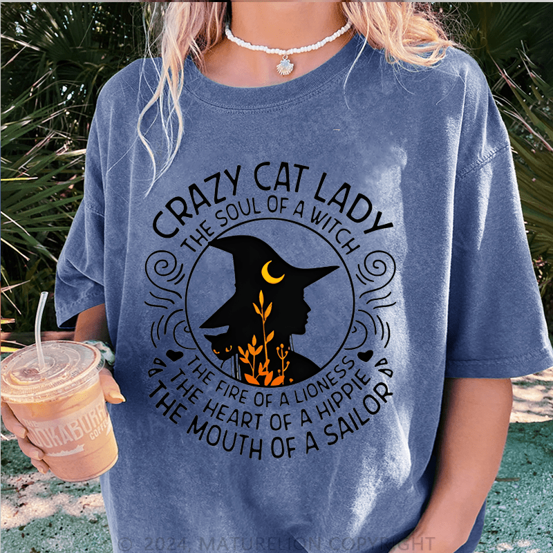 Maturelion Halloween Happy Halloween Lady Witch Casual DTG Printing Washed Cotton T-Shirt