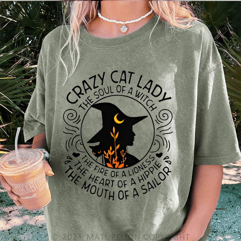 Maturelion Halloween Happy Halloween Lady Witch Casual DTG Printing Washed Cotton T-Shirt
