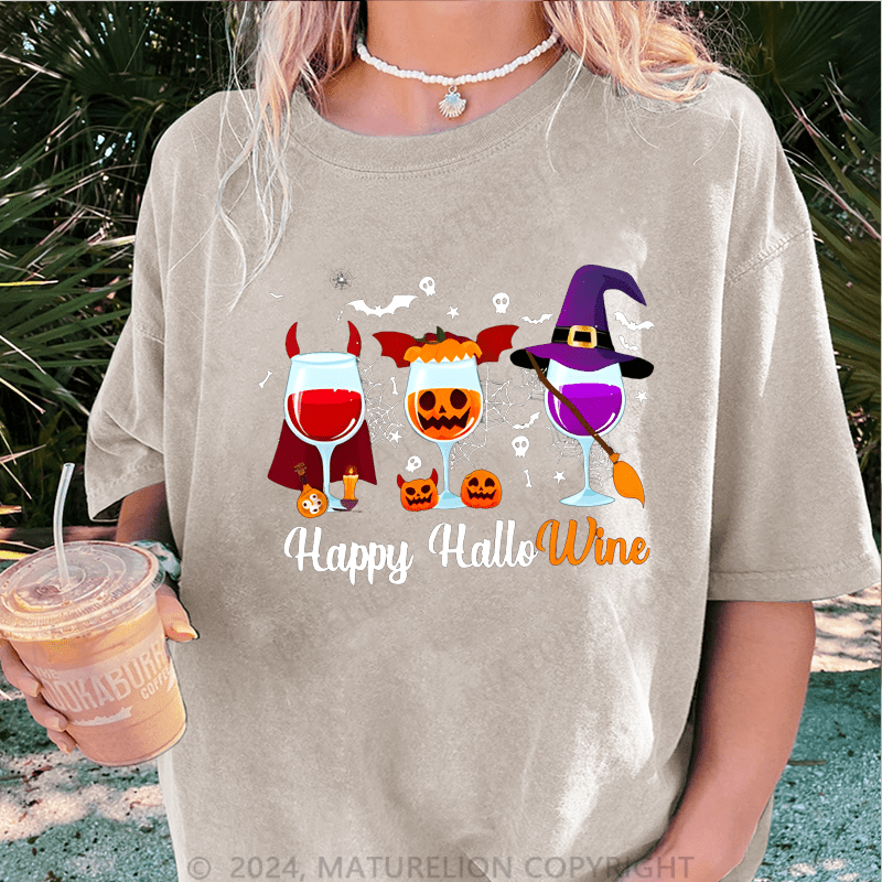 Maturelion Halloween Happy Hallowine Funny Wine DTG Printing Washed Cotton T-Shirt
