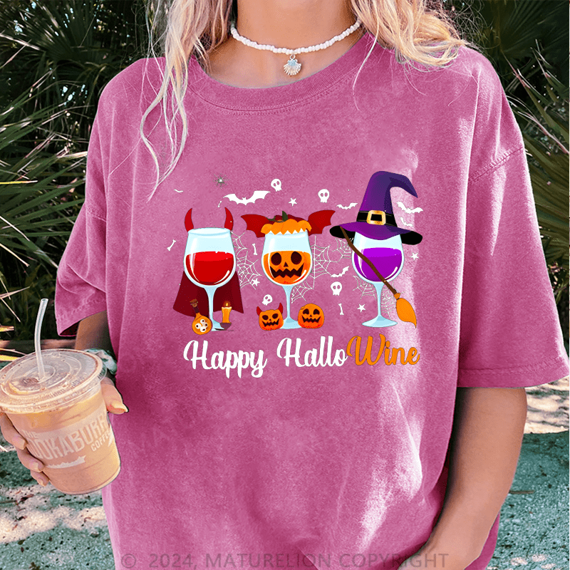 Maturelion Halloween Happy Hallowine Funny Wine DTG Printing Washed Cotton T-Shirt