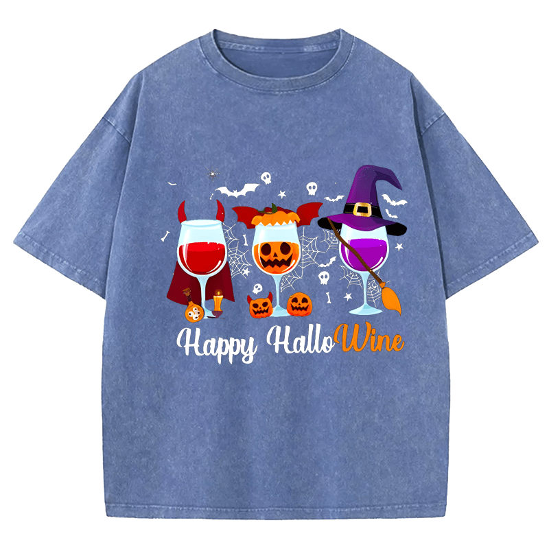 Maturelion Halloween Happy Hallowine Funny Wine DTG Printing Washed Cotton T-Shirt