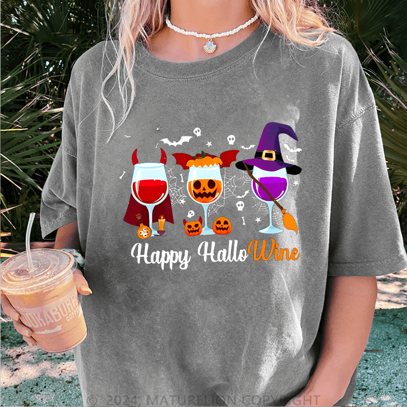 Maturelion Halloween Happy Hallowine Funny Wine DTG Printing Washed Cotton T-Shirt