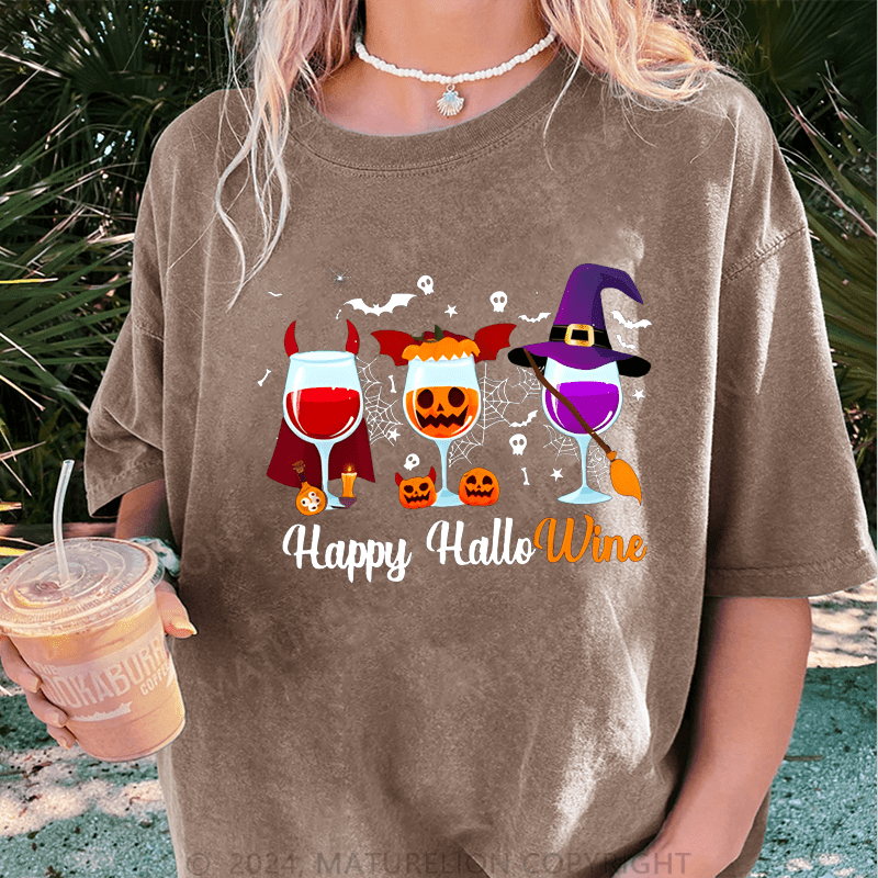 Maturelion Halloween Happy Hallowine Funny Wine DTG Printing Washed Cotton T-Shirt