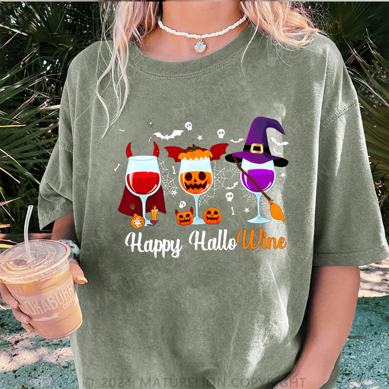 Maturelion Halloween Happy Hallowine Funny Wine DTG Printing Washed Cotton T-Shirt