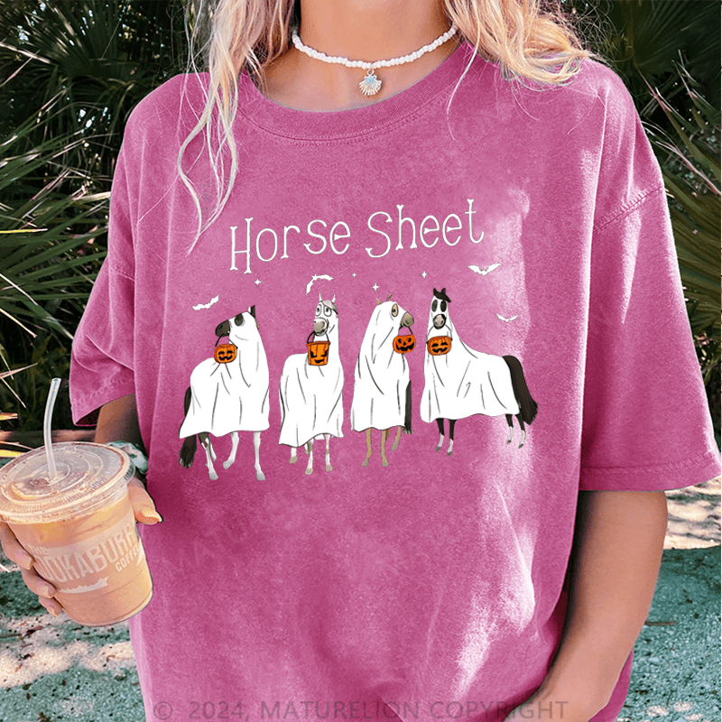 Maturelion Halloween Horse Sheet Ghost Horses Funny Halloween DTG Printing Washed Cotton T-Shirt